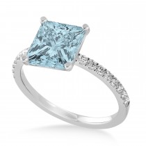 Princess Aquamarine & Diamond Single Row Hidden Halo Engagement Ring Platinum (0.81ct)