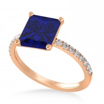 Princess Blue Sapphire & Diamond Single Row Hidden Halo Engagement Ring 14k Rose Gold (0.81ct)