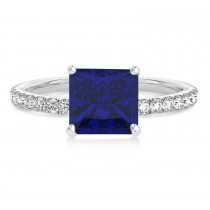 Princess Blue Sapphire & Diamond Single Row Hidden Halo Engagement Ring 14k White Gold (0.81ct)