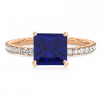 Princess Blue Sapphire & Diamond Single Row Hidden Halo Engagement Ring 18k Rose Gold (0.81ct)
