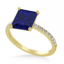 Princess Blue Sapphire & Diamond Single Row Hidden Halo Engagement Ring 18k Yellow Gold (0.81ct)