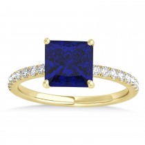 Princess Blue Sapphire & Diamond Single Row Hidden Halo Engagement Ring 18k Yellow Gold (0.81ct)