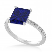 Princess Blue Sapphire & Diamond Single Row Hidden Halo Engagement Ring Palladium (0.81ct)