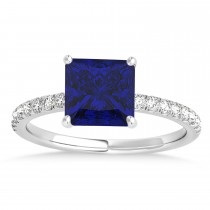 Princess Blue Sapphire & Diamond Single Row Hidden Halo Engagement Ring Platinum (0.81ct)