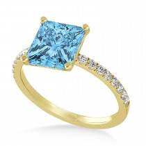Princess Blue Topaz & Diamond Single Row Hidden Halo Engagement Ring 14k Yellow Gold (0.81ct)