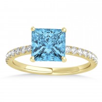 Princess Blue Topaz & Diamond Single Row Hidden Halo Engagement Ring 14k Yellow Gold (0.81ct)