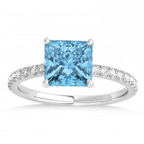 Princess Blue Topaz & Diamond Single Row Hidden Halo Engagement Ring 18k White Gold (0.81ct)