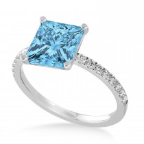 Princess Blue Topaz & Diamond Single Row Hidden Halo Engagement Ring Palladium (0.81ct)