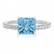 Princess Blue Topaz & Diamond Single Row Hidden Halo Engagement Ring Platinum (0.81ct)