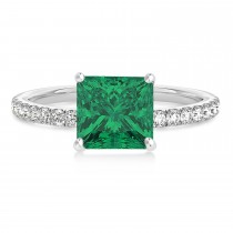 Princess Emerald & Diamond Single Row Hidden Halo Engagement Ring 18k White Gold (0.81ct)