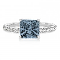 Princess Gray Spinel & Diamond Single Row Hidden Halo Engagement Ring 18k White Gold (0.81ct)
