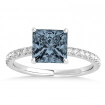 Princess Gray Spinel & Diamond Single Row Hidden Halo Engagement Ring 18k White Gold (0.81ct)