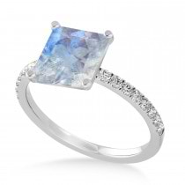 Princess Moonstone & Diamond Single Row Hidden Halo Engagement Ring 18k White Gold (0.81ct)