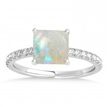 Princess Opal & Diamond Single Row Hidden Halo Engagement Ring 14k White Gold (0.81ct)