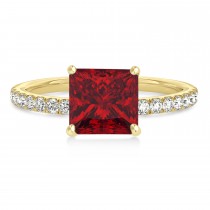 Princess Ruby & Diamond Single Row Hidden Halo Engagement Ring 14k Yellow Gold (0.81ct)