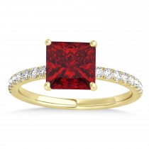 Princess Ruby & Diamond Single Row Hidden Halo Engagement Ring 14k Yellow Gold (0.81ct)