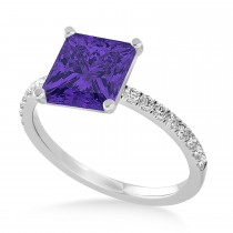Princess Tanzanite & Diamond Single Row Hidden Halo Engagement Ring 14k White Gold (0.81ct)