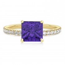 Princess Tanzanite & Diamond Single Row Hidden Halo Engagement Ring 14k Yellow Gold (0.81ct)