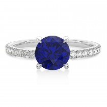 Round Blue Sapphire & Diamond Single Row Hidden Halo Engagement Ring Palladium (1.25ct)