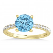 Round Blue Topaz & Diamond Single Row Hidden Halo Engagement Ring 18k Yellow Gold (1.25ct)