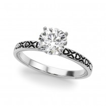 Vintage Style Heart Carved Engagement Ring 18K White Gold