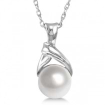 White Akoya Cultured Round Pearl Solitaire Pendant 14K White Gold 6mm