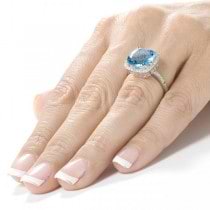 Blue Topaz Gemstone Ring with Diamond Halo 14K White Gold (5.10ct)