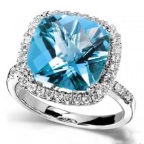 Blue Topaz Gemstone Ring with Diamond Halo 14K White Gold (5.10ct)