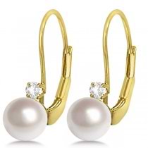 Cultured Akoya Pearl & Diamond Earrings Leverbacks 14K Yellow Gold