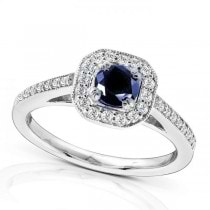Sapphire and Cushion Diamond Halo Gemstone Ring 14k White Gold 0.88ct