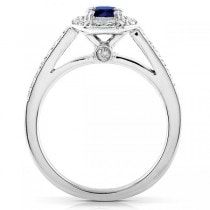 Sapphire and Cushion Diamond Halo Gemstone Ring 14k White Gold 0.88ct