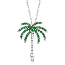 Tsavorite & Diamond Palm Tree Necklace 14k White Gold (0.30ct)