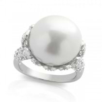 Freshwater Pearl and White Topaz Ring in Sterling Silver 14-15mm