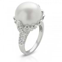 Freshwater Pearl and White Topaz Ring in Sterling Silver 14-15mm
