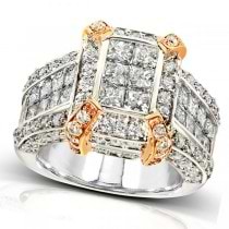 Wide Band Cluster Diamond Engagement 14k Two Tone Gold 2.95ct