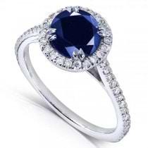 Blue Sapphire Round Diamond Halo Gemstone Ring 14k White Gold (1.50ct)