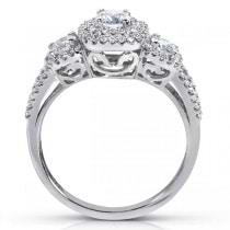 Three-Stone Round Diamond and Halo Engagement Ring 14k W. Gold 1.00ct