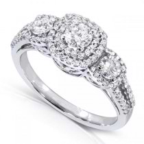 Three-Stone Round Diamond and Halo Engagement Ring 14k W. Gold 1.00ct