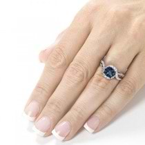 Round Blue Diamond & Double Halo Engagement Ring 14k W. Gold (0.75ct)