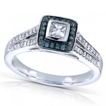 Princess Blue & White Diamond Halo Engagement Ring 14k W. Gold 0.50ct