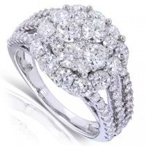 Round Cluster Diamond Engagement Ring w/ Split Shank 14k W. Gold 3.00ct
