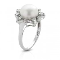 Diamond Accented Freshwater Pearl Flower Ring Sterling Silver 9-9.5mm