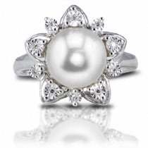 Diamond Accented Freshwater Pearl Flower Ring Sterling Silver 9-9.5mm
