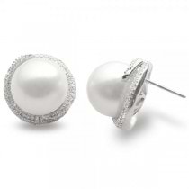Freshwater Pearl & White Topaz Stud Earrings Sterling Silver 14-15mm