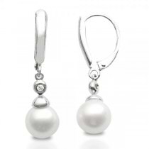 Freshwater Pearl & Bezel Set Diamond Earrings Sterling Silver 8-8.5mm
