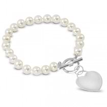 Freshwater Pearl Toggle Bracelet Heart Charm Sterling Silver 7-7.5mm