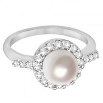Cultured Freshwater Pearl & Diamond Halo Ring 14K White Gold  (7.50mm)