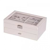 Top Locking Jewelry Box in Pearl Faux Leather, Glass Top, 1 Drawer