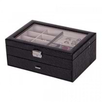 Top Locking Jewelry Box in Black Faux Leather, Glass Top, 1 Drawer