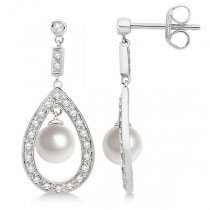 Freshwater Cultured Pearl & Diamond Teardrop Earrings 14K White Gold